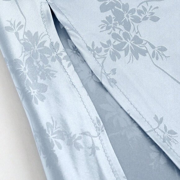 Ice Blue Satin Slip Dress Cinched Waist Split Front Floral Print Spaghetti Strap - Picture 4 of 6